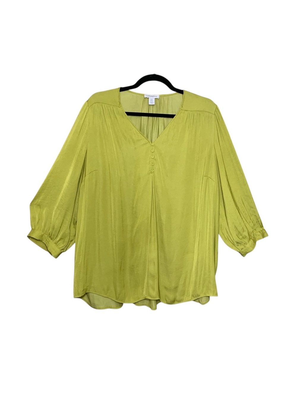 Carolina Belle Green Lime V-Neck Blouse Sz 1X Flowy Satiny 3/4 Sleeve Summer Top